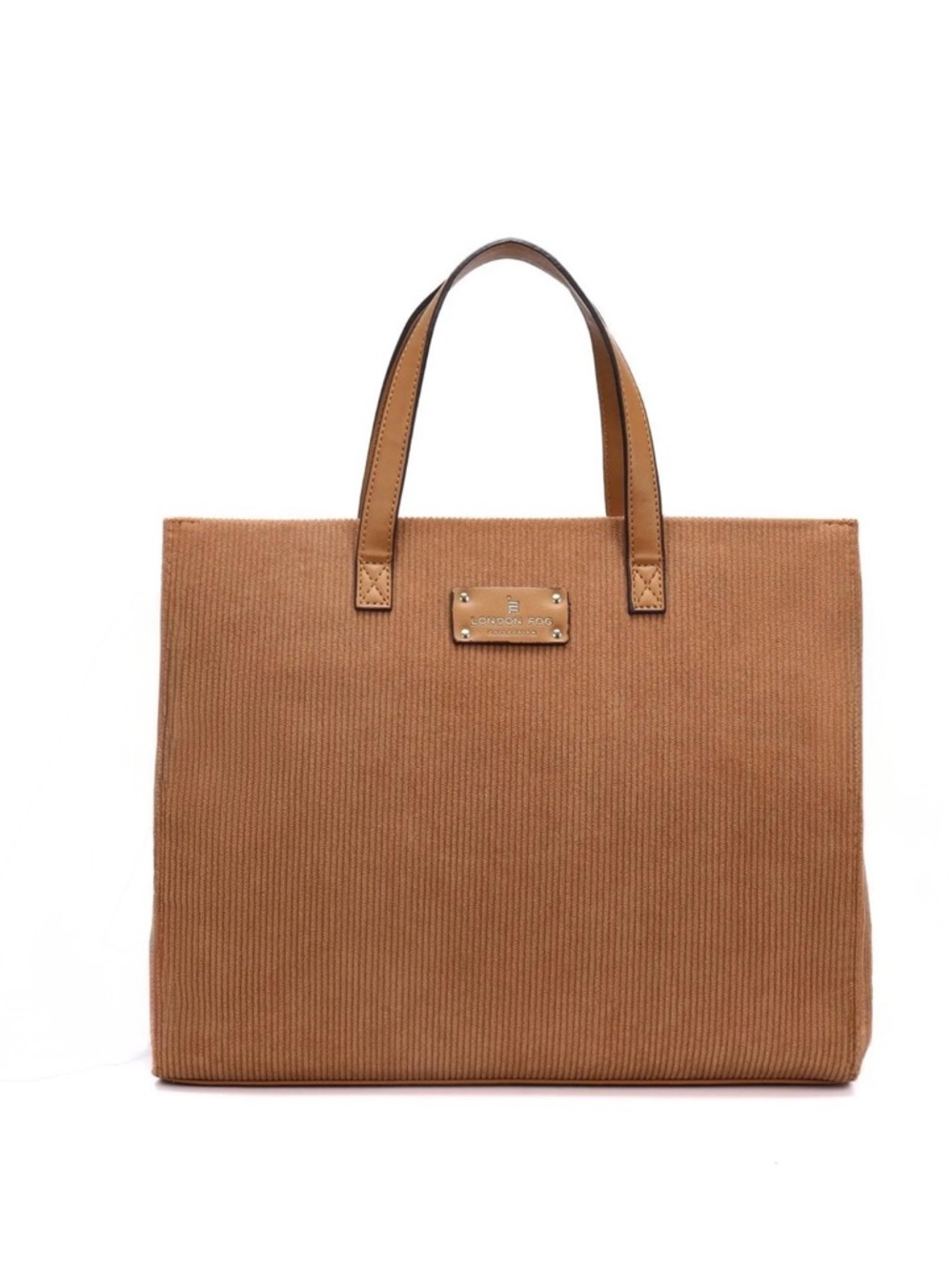 London Fog Tan Corduroy Tote with Gold Plaque